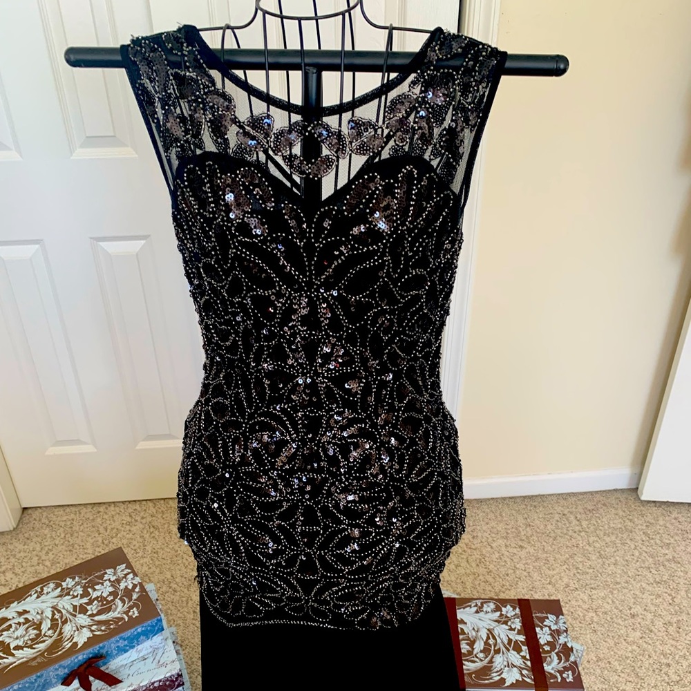 Black beaded evening gown